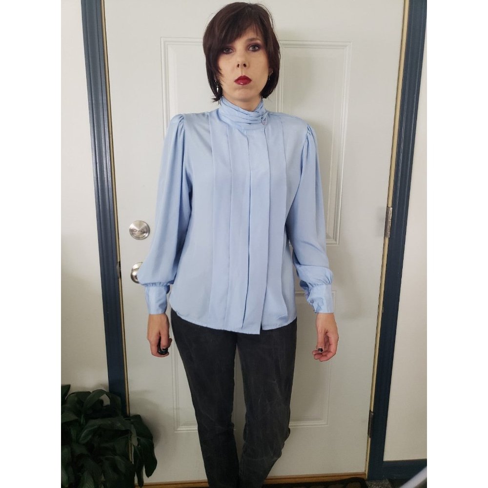 80s Blue Satin High Neck Blouse